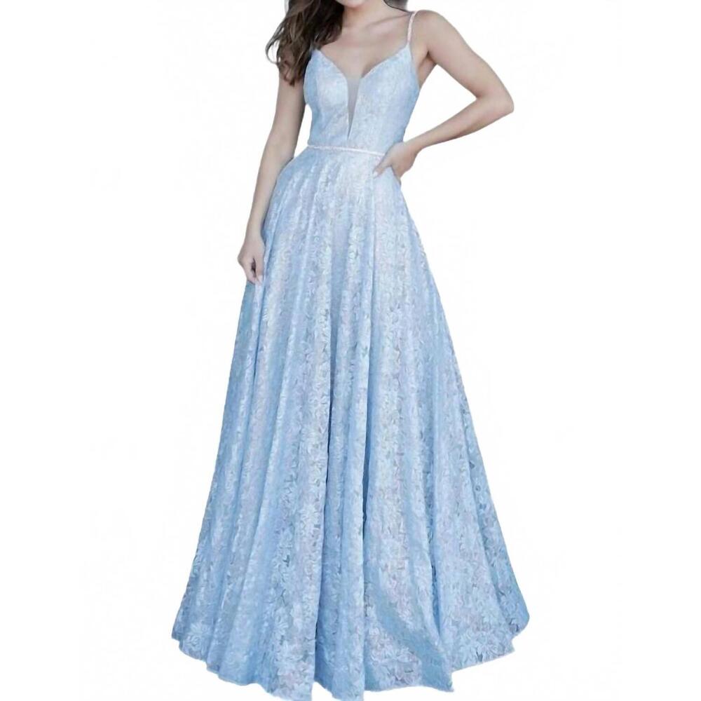 NEW JVN illusion deep v-neck lace gown in light blue